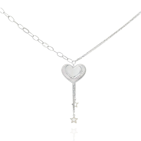 925 Silver Heart Pendant Necklace with Star Tassel – Romantic Drop Charm Design