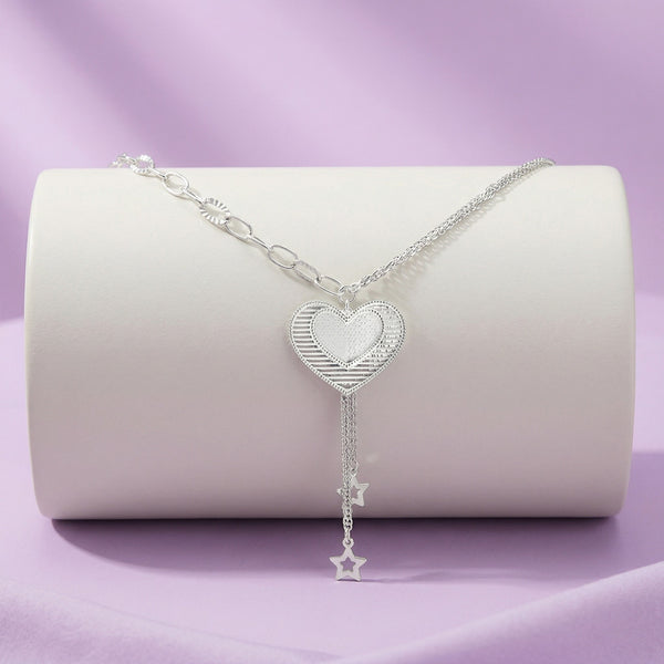 925 Silver Heart Pendant Necklace with Star Tassel – Romantic Drop Charm Design