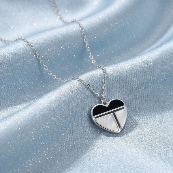 925 Silver Geometric Heart Pendant Necklace – Mother of Pearl & Enamel Minimalist Design