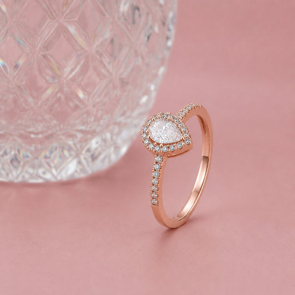 925 Sterling Silver Rose Gold Pear Halo CZ Ring