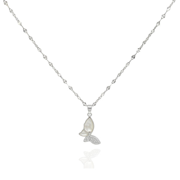 925 Silver Butterfly Pendant Necklace – Mother of Pearl CZ Wing Charm Jewelry