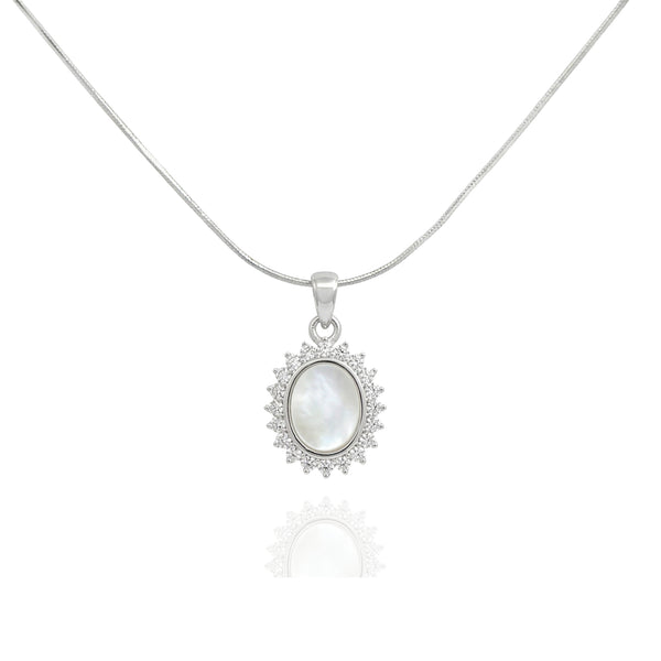 925 Silver Oval Mother of Pearl Halo Pendant Necklace – CZ Vintage Style Jewelry