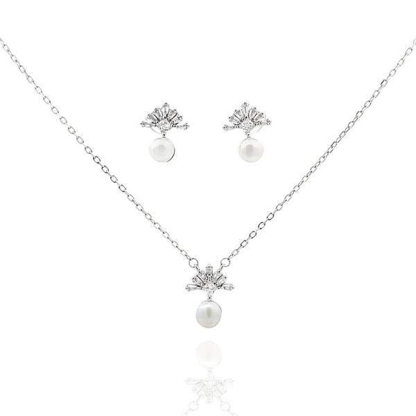 925 Silver Pearl Drop Necklace & Earrings Set – Elegant Zircon Floral Jewelry Set for Women