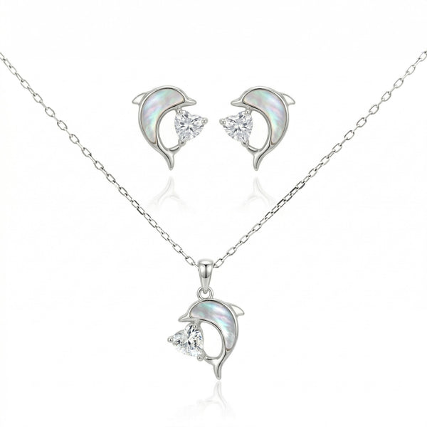925 Silver Dolphin Heart Zircon Pendant Necklace & Earrings Set – Elegant Pearl Shell Jewelry for Women