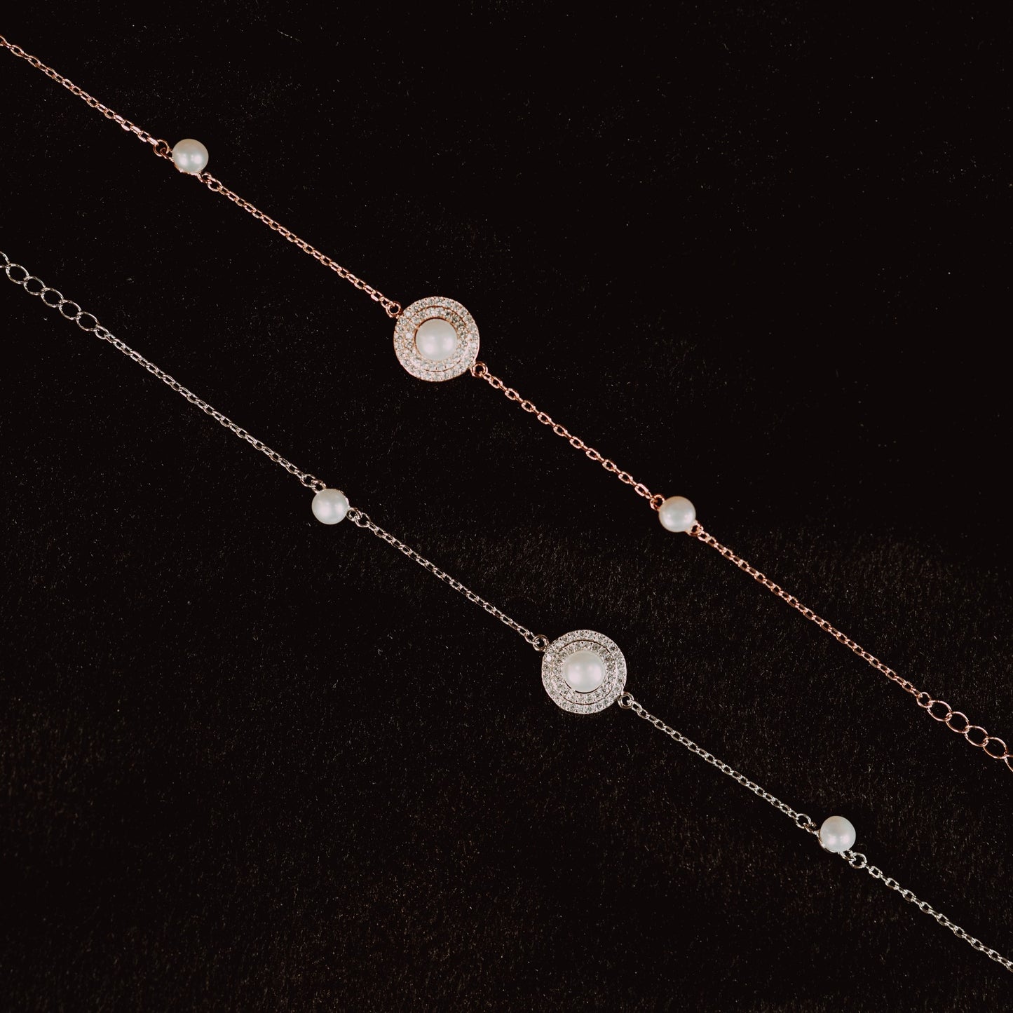 Silver Double Pearl & Zirconia Charm Bracelet