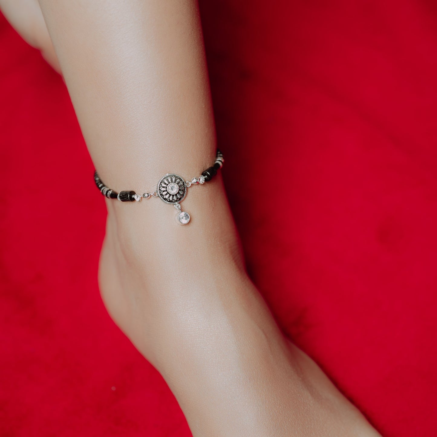 Oxidised Silver Classic White Stone Anklet