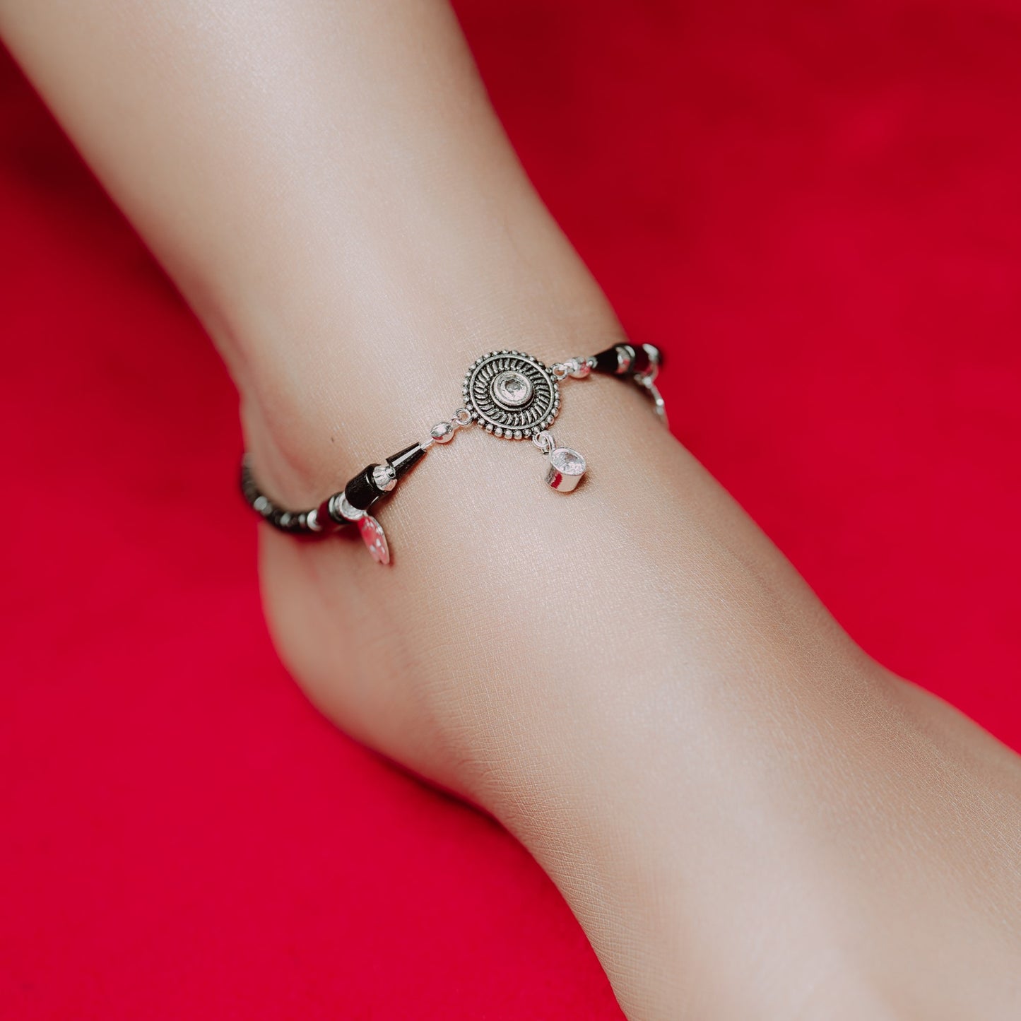 Oxidised Silver White Stone Anklet with Joker Face