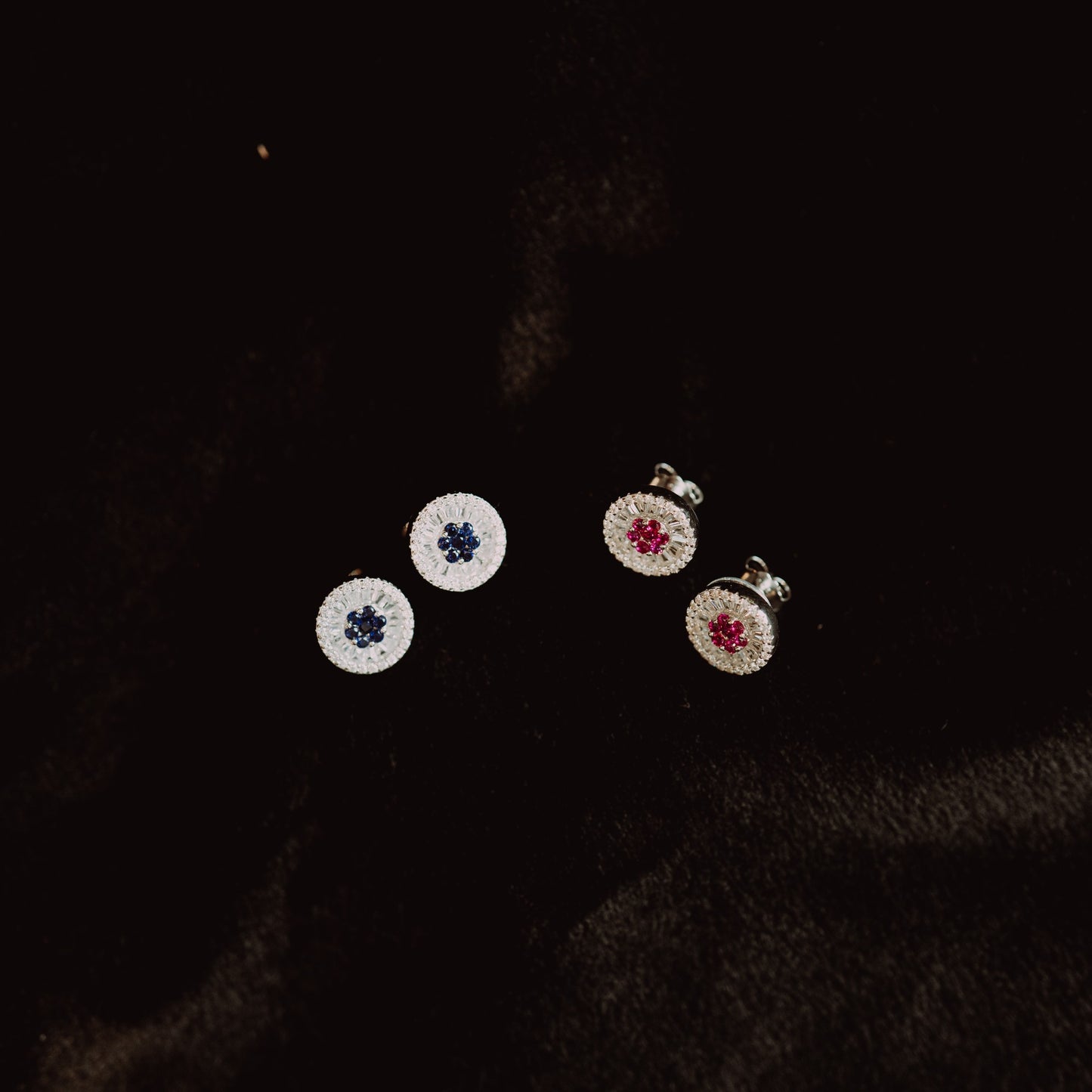 Round Silver Symmetry Studs with Colored Stones in Middle