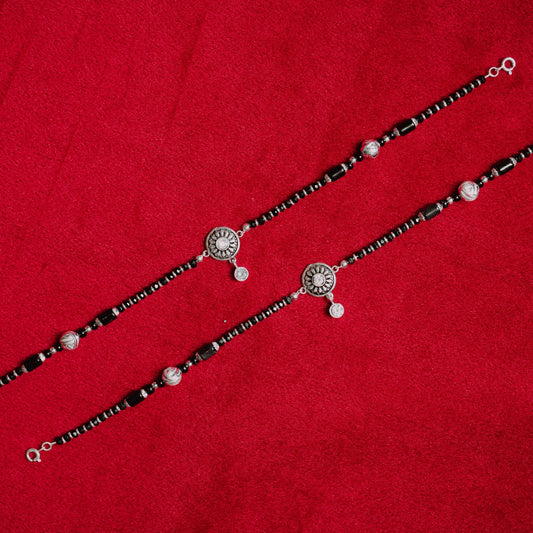 Oxidised Silver Classic White Stone Anklet with Silver Beads