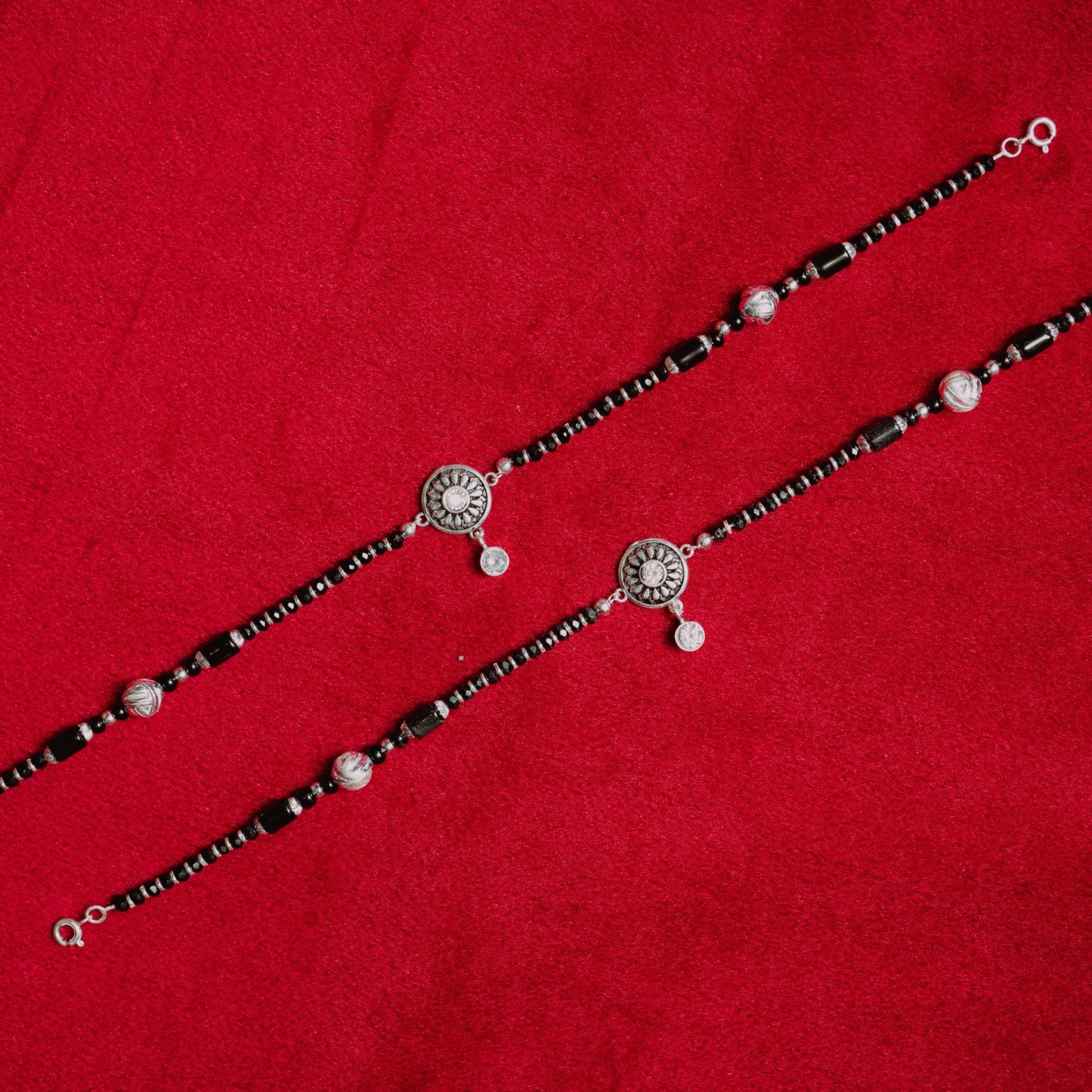 Oxidised Silver Classic White Stone Anklet with Silver Beads