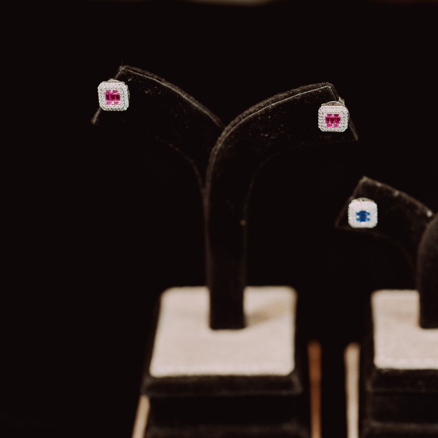 Square Silver Symmetry Studs with Colored Stones in Middle