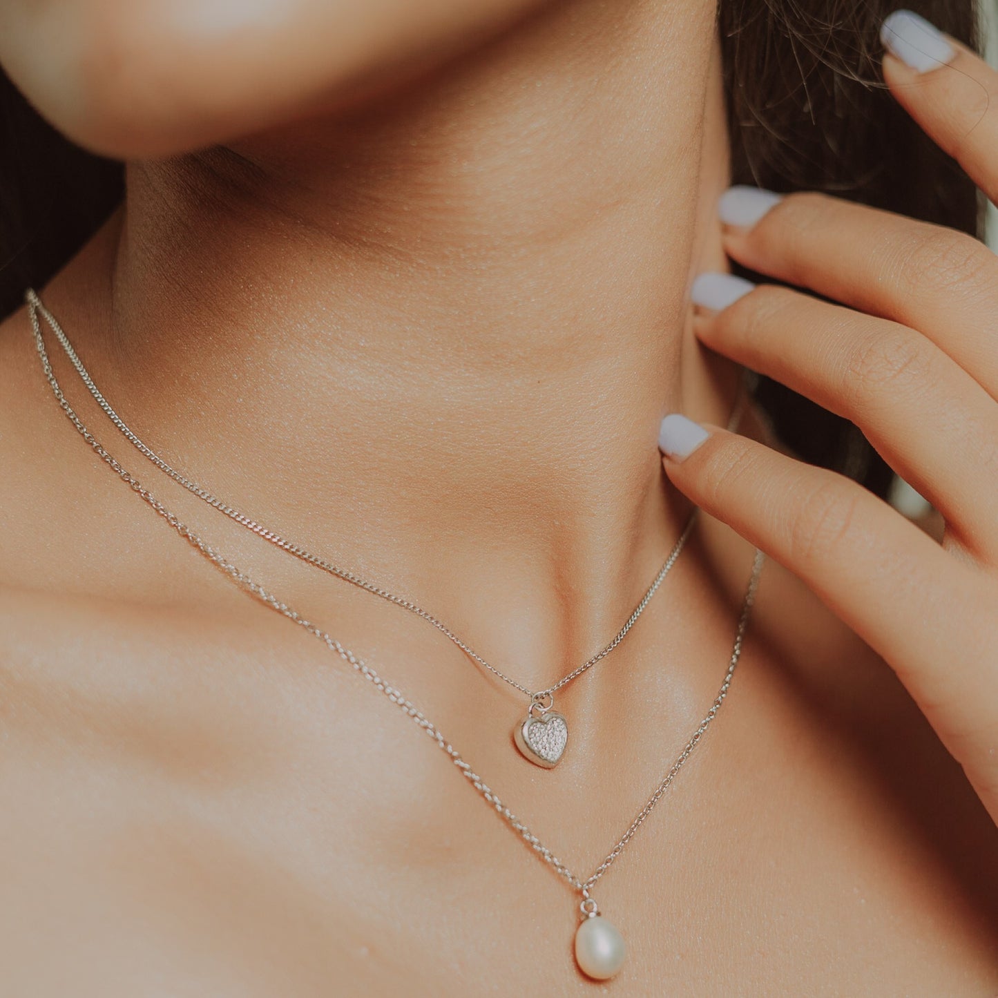 Silver Heart and Pearl Double Layer Necklace