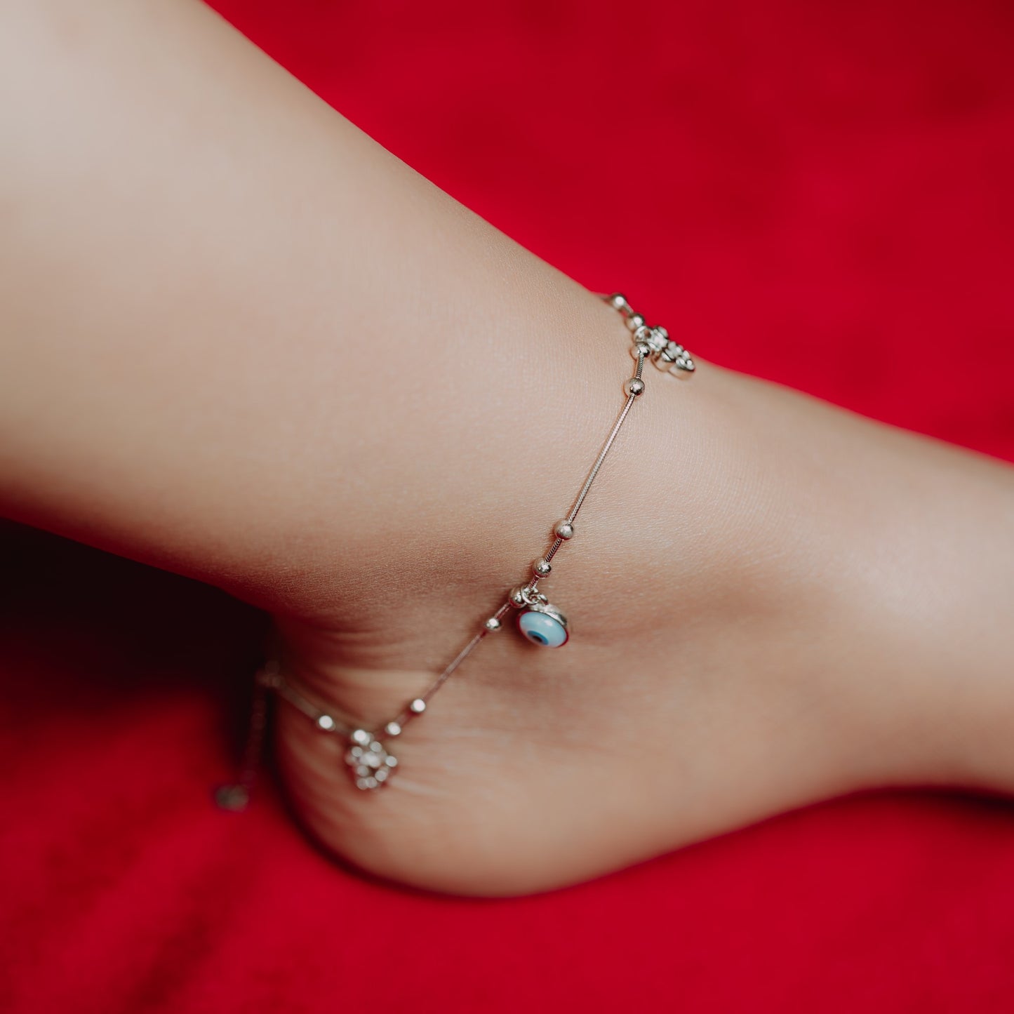 Silver Evil Eye Anklet with Mickey Mouse