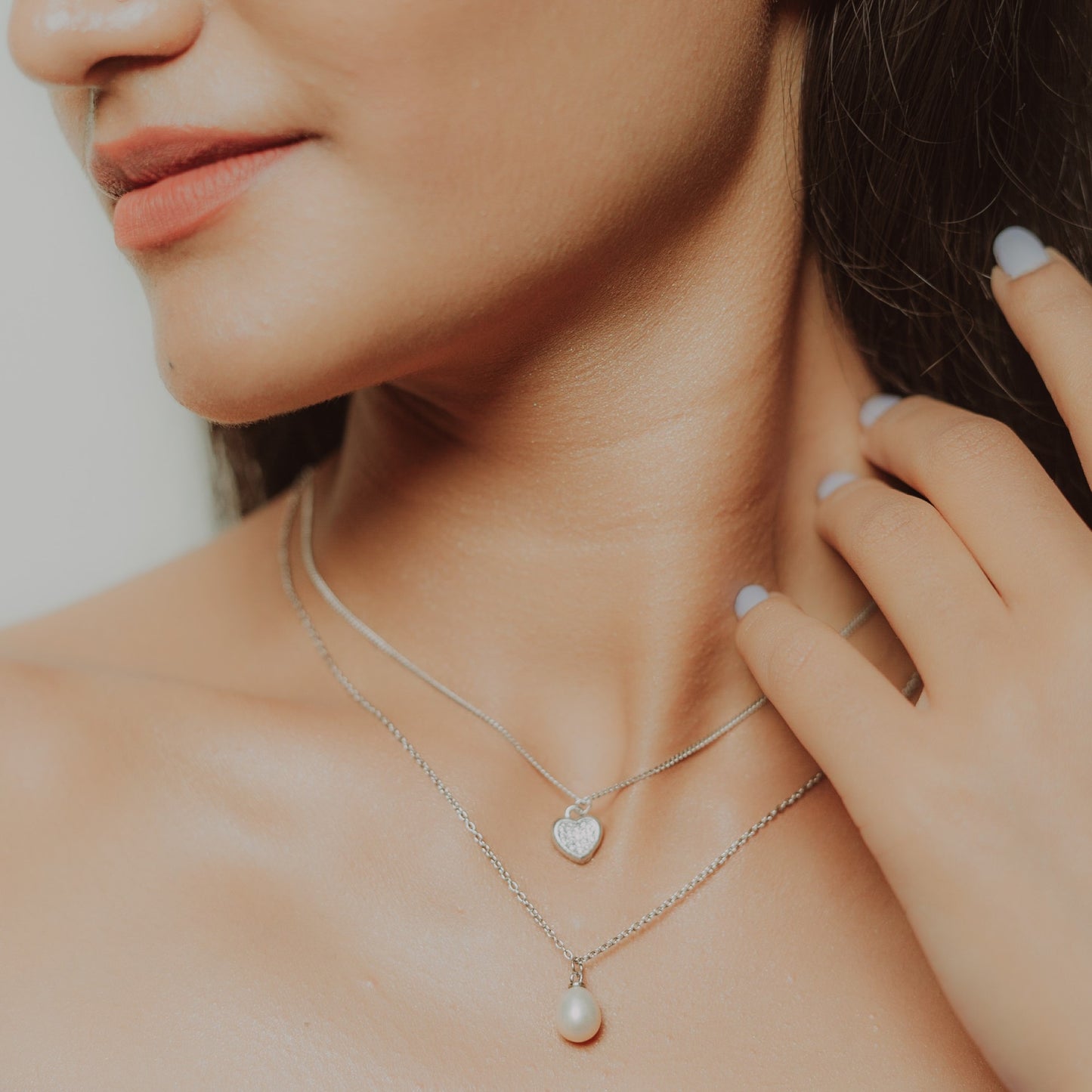 Silver Heart and Pearl Double Layer Necklace