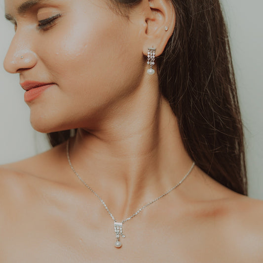 Silver Trinity Pearl Drop Pendant Necklace