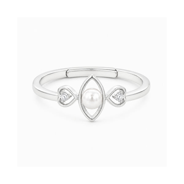 925 Sterling Silver Marquise Pearl Ring with Twin Heart Accents