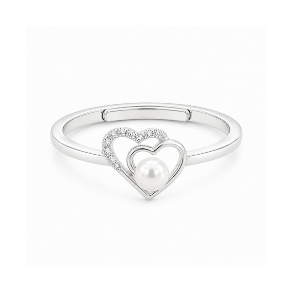 925 Sterling Silver Double Heart Pearl Ring β Adjustable Romantic Open Band with CZ Accents