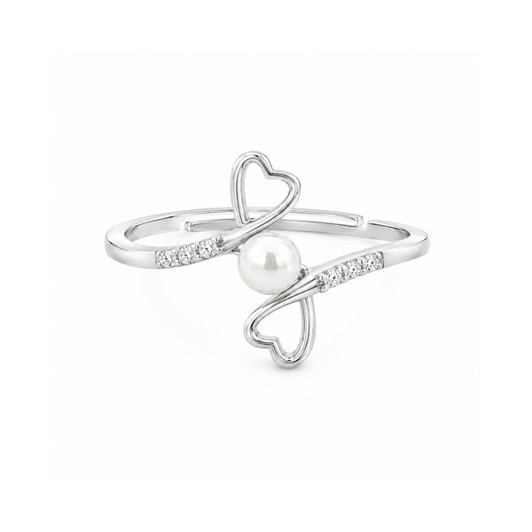 925 Sterling Silver Pearl Double Heart Adjustable Ring