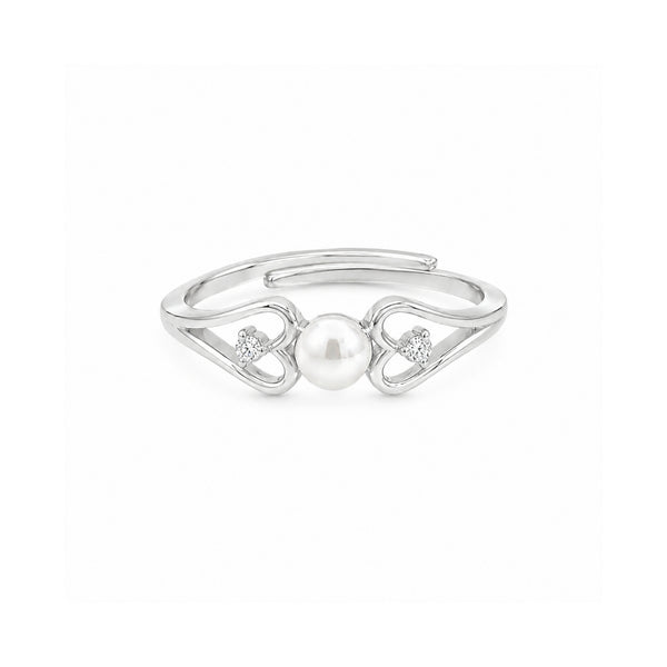 925 Sterling Silver Double Heart Adjustable Ring with Freshwater Pearl