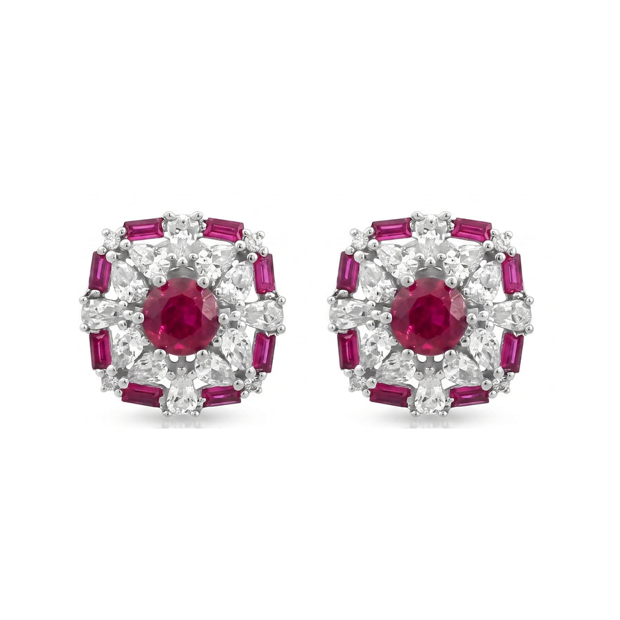 925 Silver Ruby Floral Halo Stud Earrings