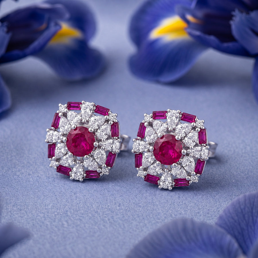 925 Silver Ruby Floral Halo Stud Earrings