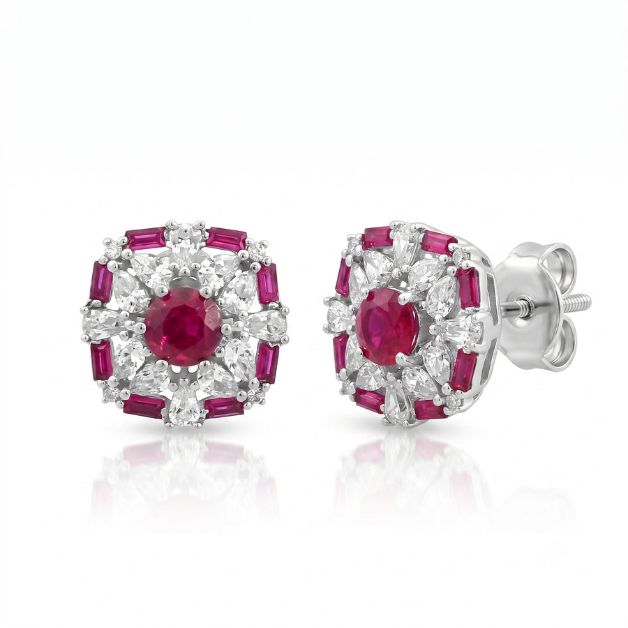 925 Silver Ruby Floral Halo Stud Earrings