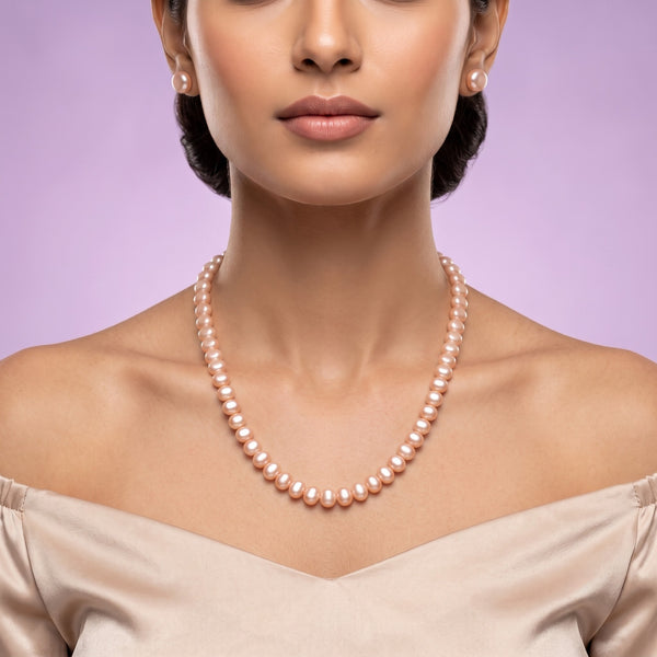 Elegant Pink Freshwater Button Pearl Necklace – 21-Inch Classic Pearl Strand with Adjustable Gold-Tone Clasp