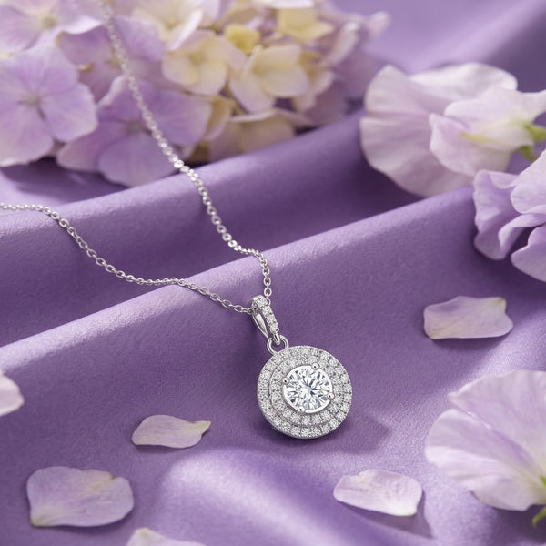 925 Sterling Silver Round Double Halo Cubic Zirconia Solitaire Pendant