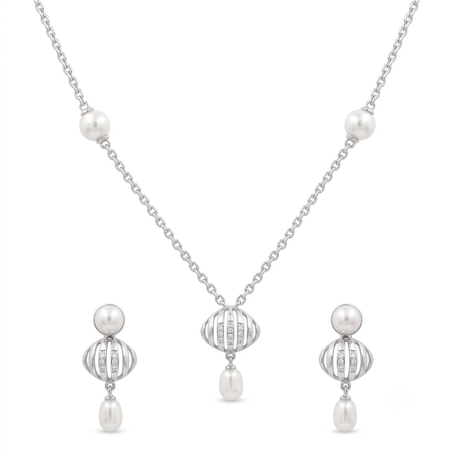 925 Sterling Silver Freshwater Pearls Openwork Drop Pendant Necklace