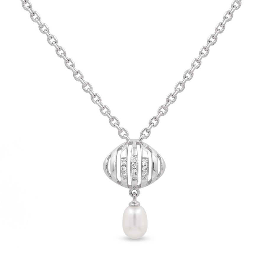925 Sterling Silver Freshwater Pearls Openwork Drop Pendant Necklace