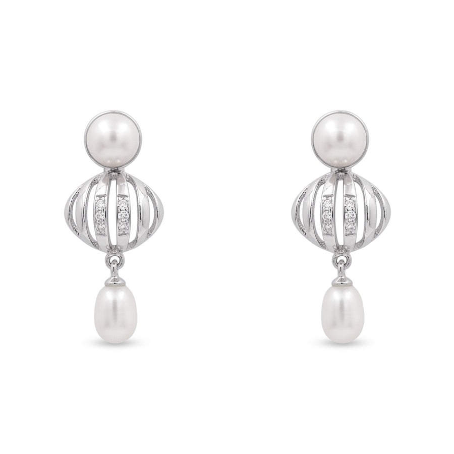 925 Sterling Silver Freshwater Pearls Openwork Drop Pendant Necklace