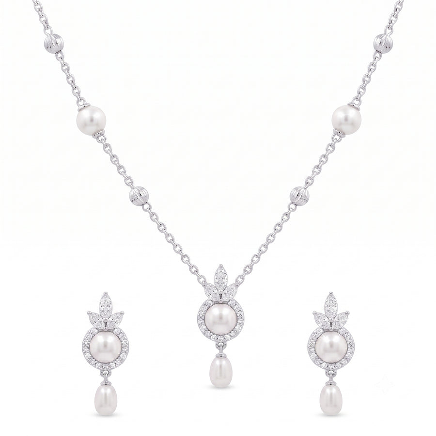 925 Sterling Silver Freshwater Pearls Floral Halo Drop Pendant Necklace