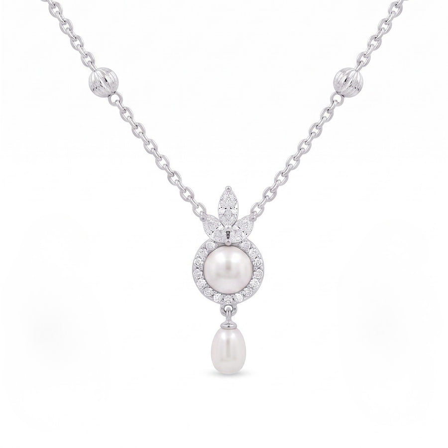 925 Sterling Silver Freshwater Pearls Floral Halo Drop Pendant Necklace