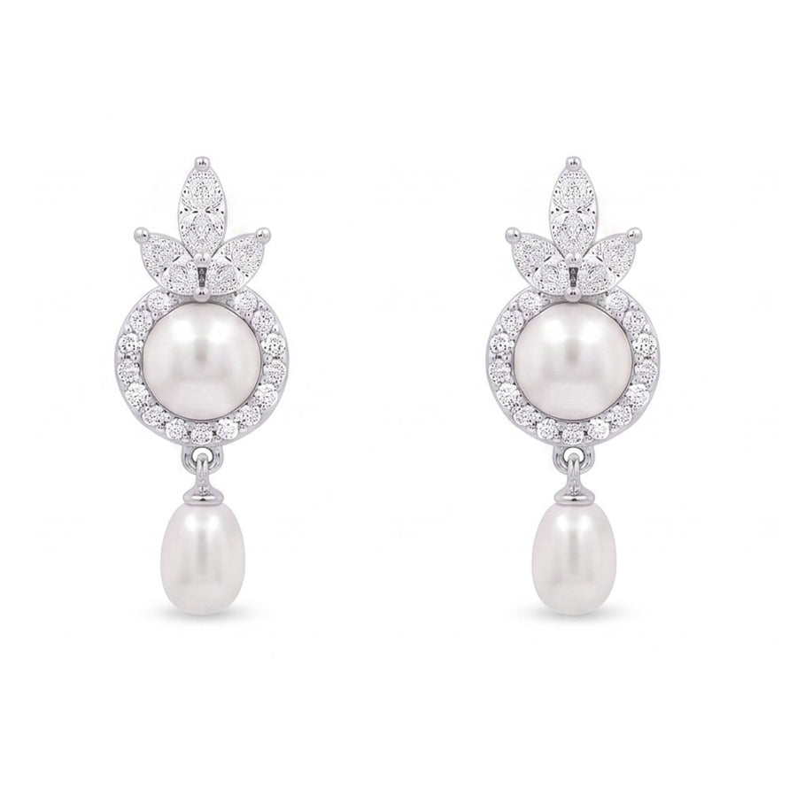 925 Sterling Silver Freshwater Pearls Floral Halo Drop Pendant Necklace