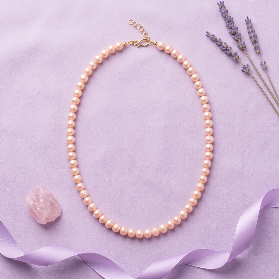 Elegant Pink Freshwater Button Pearl Necklace – 21-Inch Classic Pearl Strand with Adjustable Gold-Tone Clasp