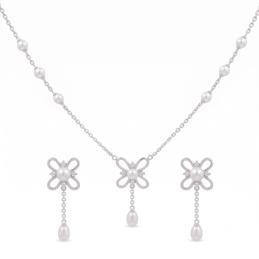 925 Sterling Silver Freshwater Pearls Flower Drop Pendant Necklace