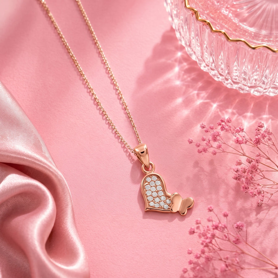 925 Rose Gold Plated Sterling Silver Pavé Butterfly Heart Pendant