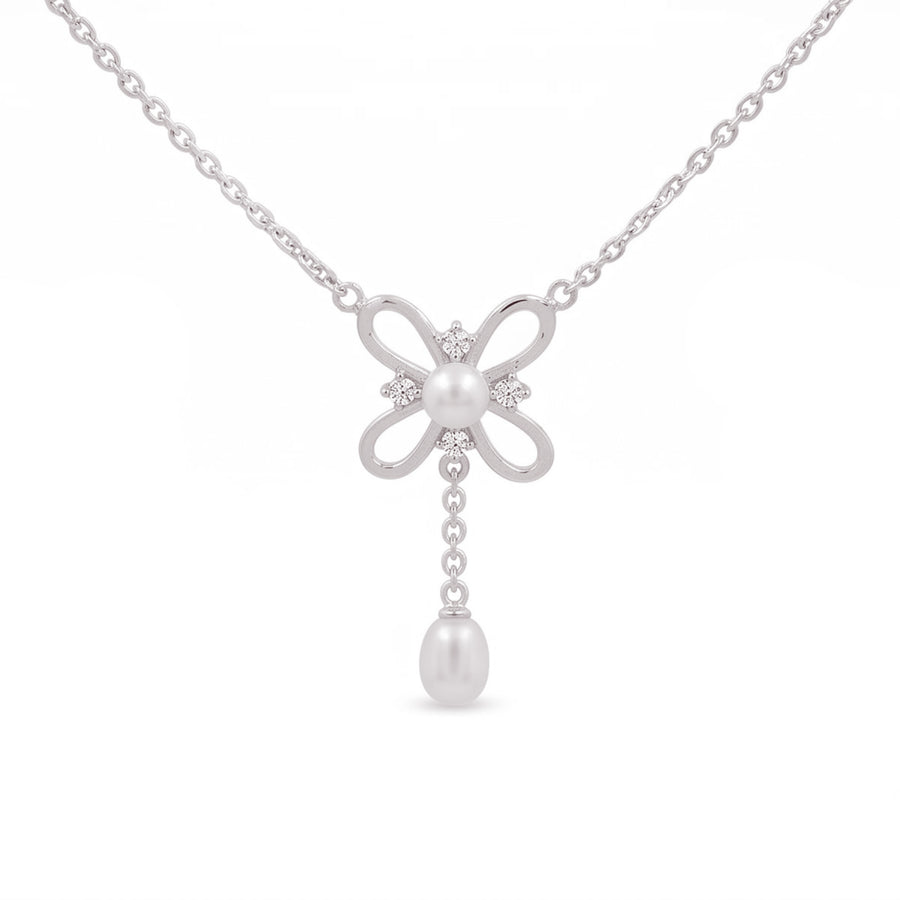 925 Sterling Silver Freshwater Pearls Flower Drop Pendant Necklace