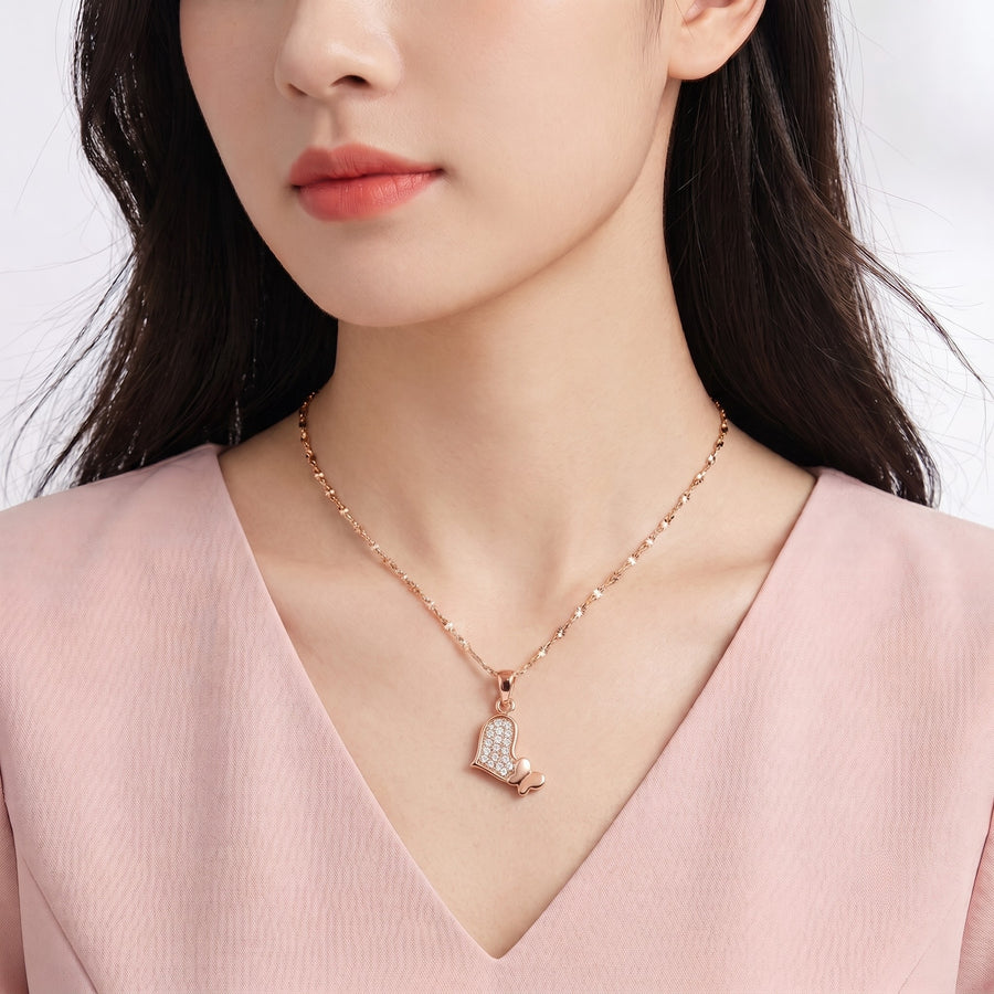925 Rose Gold Plated Sterling Silver Pavé Butterfly Heart Pendant