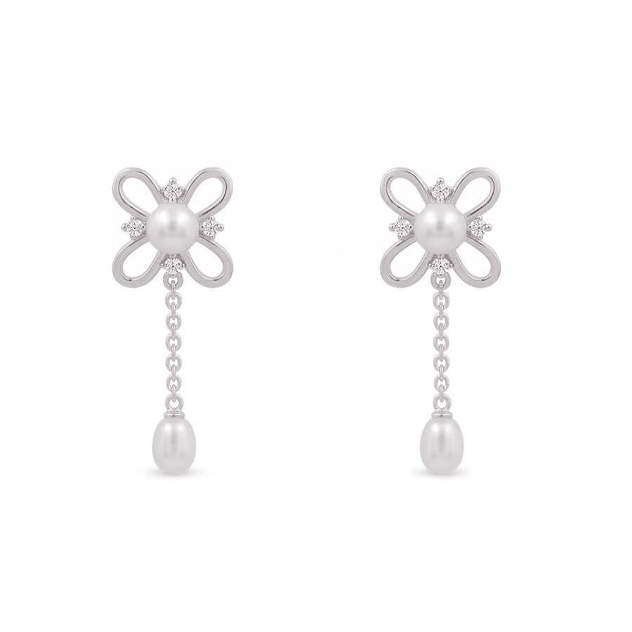 925 Sterling Silver Freshwater Pearls Flower Drop Pendant Necklace