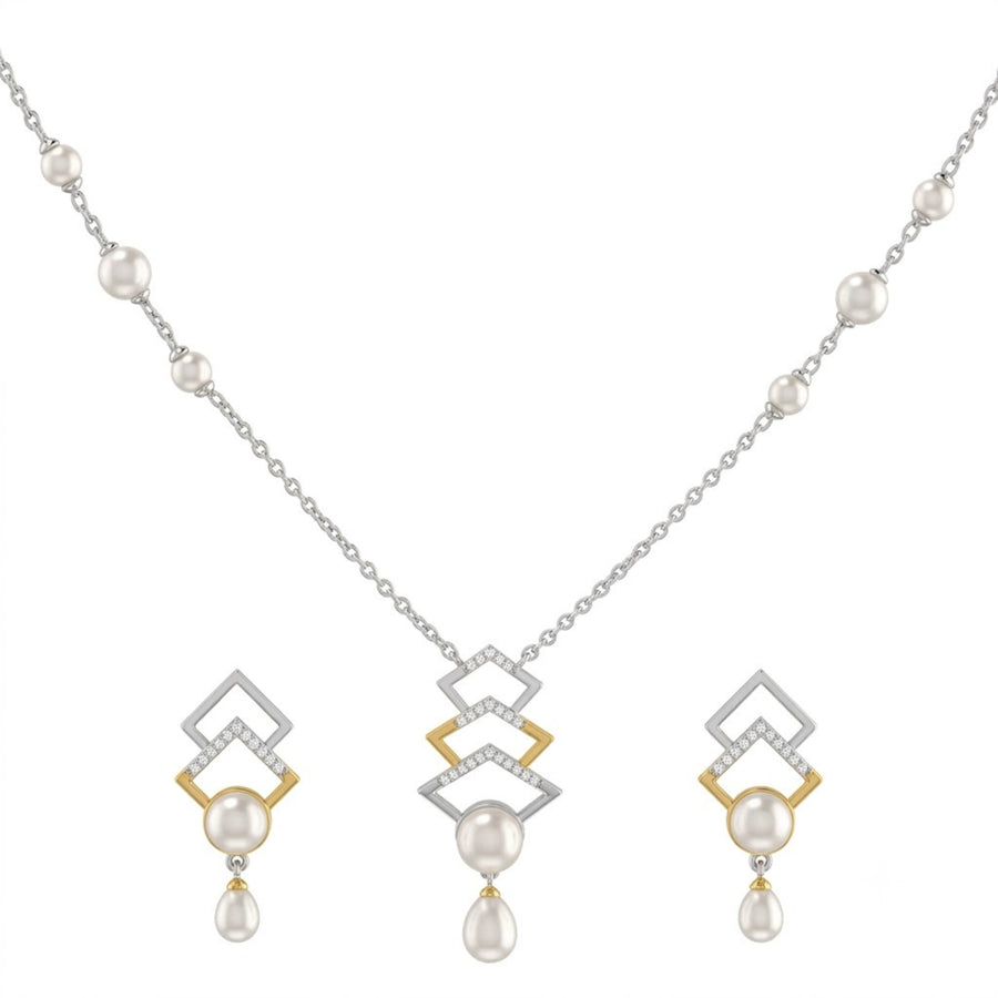 925 Sterling Silver Freshwater Pearls Geometric Drop Pendant Necklace