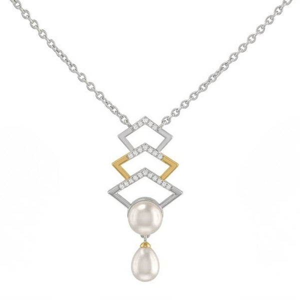 925 Sterling Silver Freshwater Pearls Geometric Drop Pendant Necklace