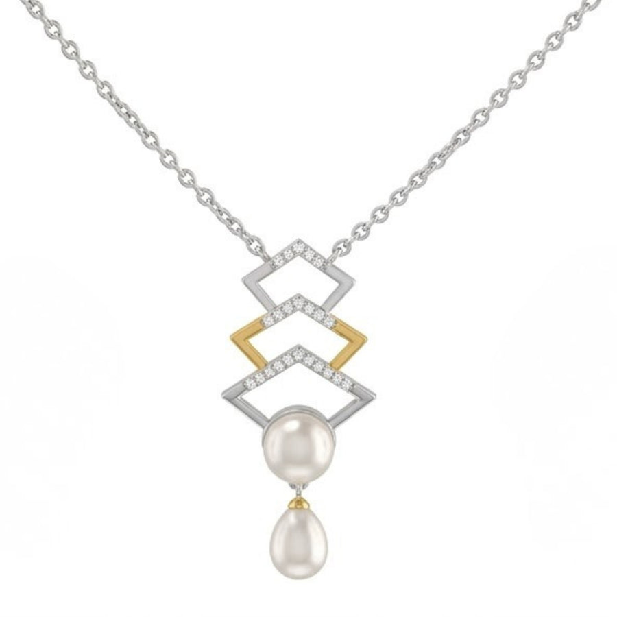 925 Sterling Silver Freshwater Pearls Geometric Drop Pendant Necklace