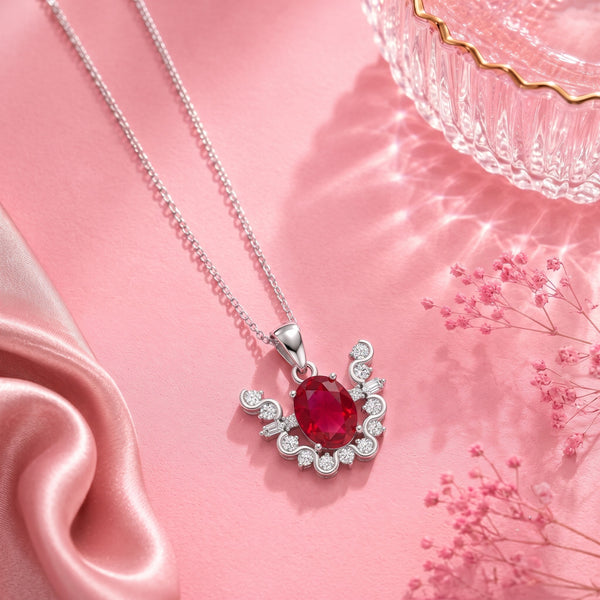 925 Sterling Silver Oval Ruby Red Gemstone Winged Halo Pendant