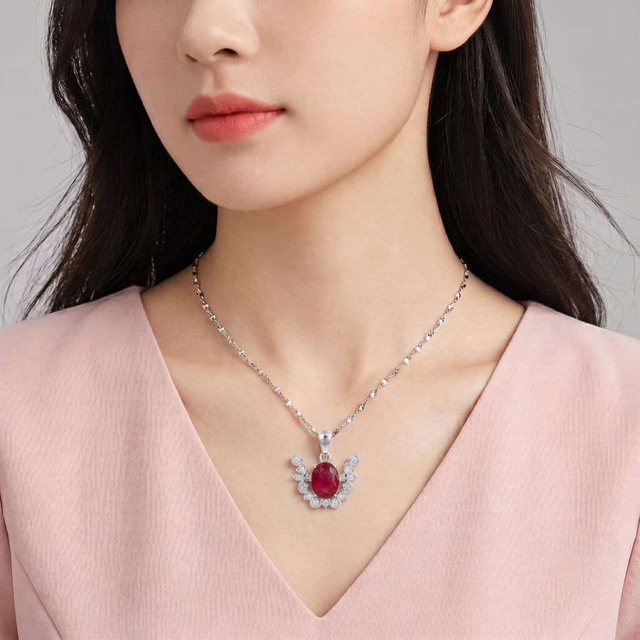 925 Sterling Silver Oval Ruby Red Gemstone Winged Halo Pendant