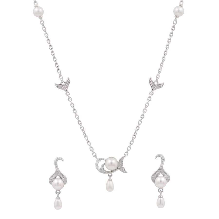 925 Sterling Silver Freshwater Pearls Mermaid Tail Drop Pendant Necklace