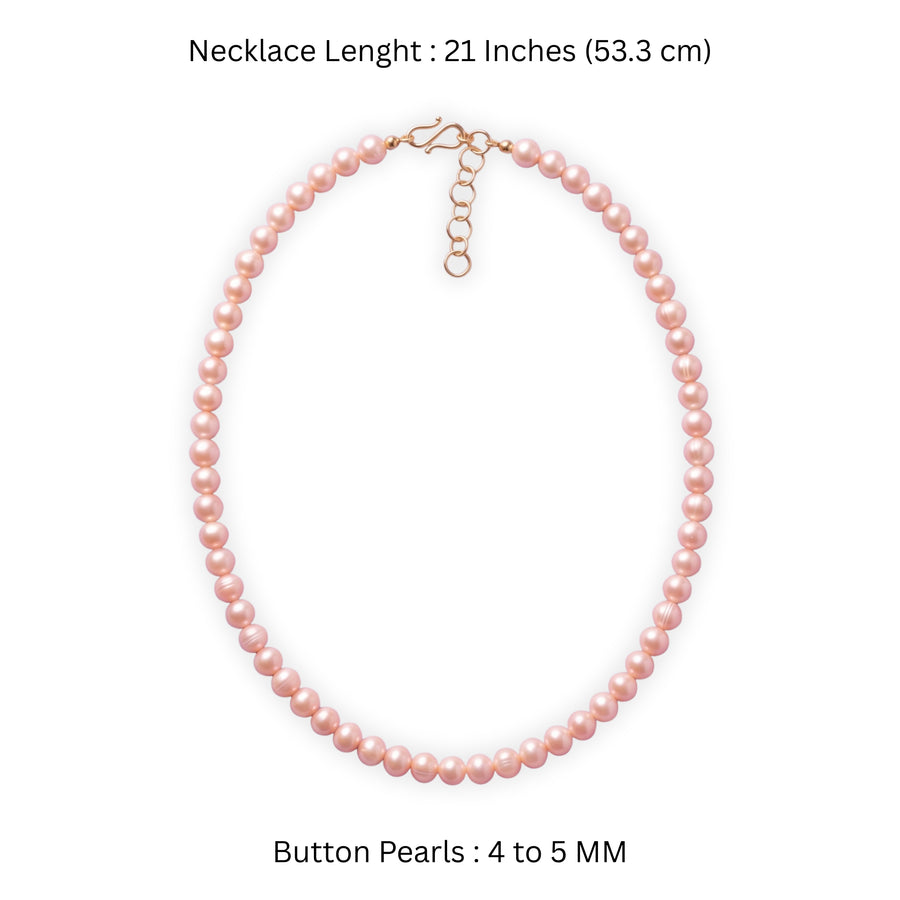Elegant Pink Freshwater Button Pearl Necklace – 21-Inch Classic Pearl Strand with Adjustable Gold-Tone Clasp