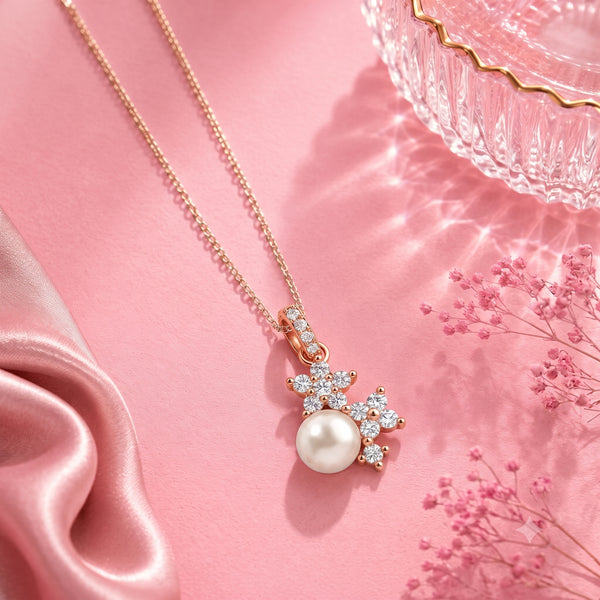925 Sterling Silver Floral Pearl & Cubic Zirconia Rose Gold Pendant