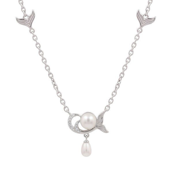 925 Sterling Silver Freshwater Pearls Mermaid Tail Drop Pendant Necklace