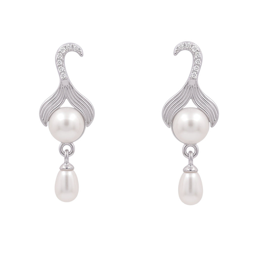 925 Sterling Silver Freshwater Pearls Mermaid Tail Drop Pendant Necklace